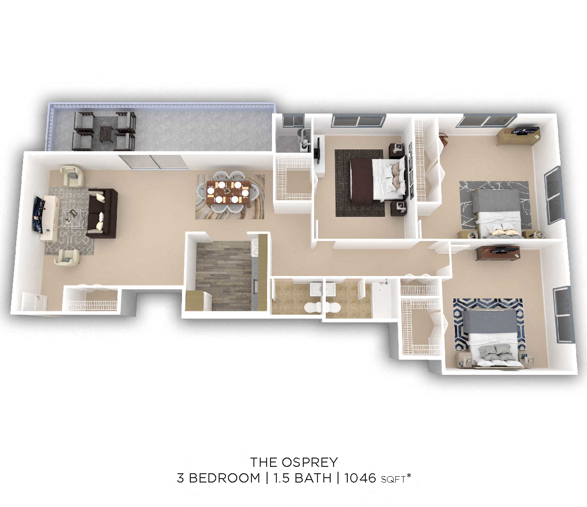 Floor plan for 3 beds, 1.5 baths, 1046 sqft