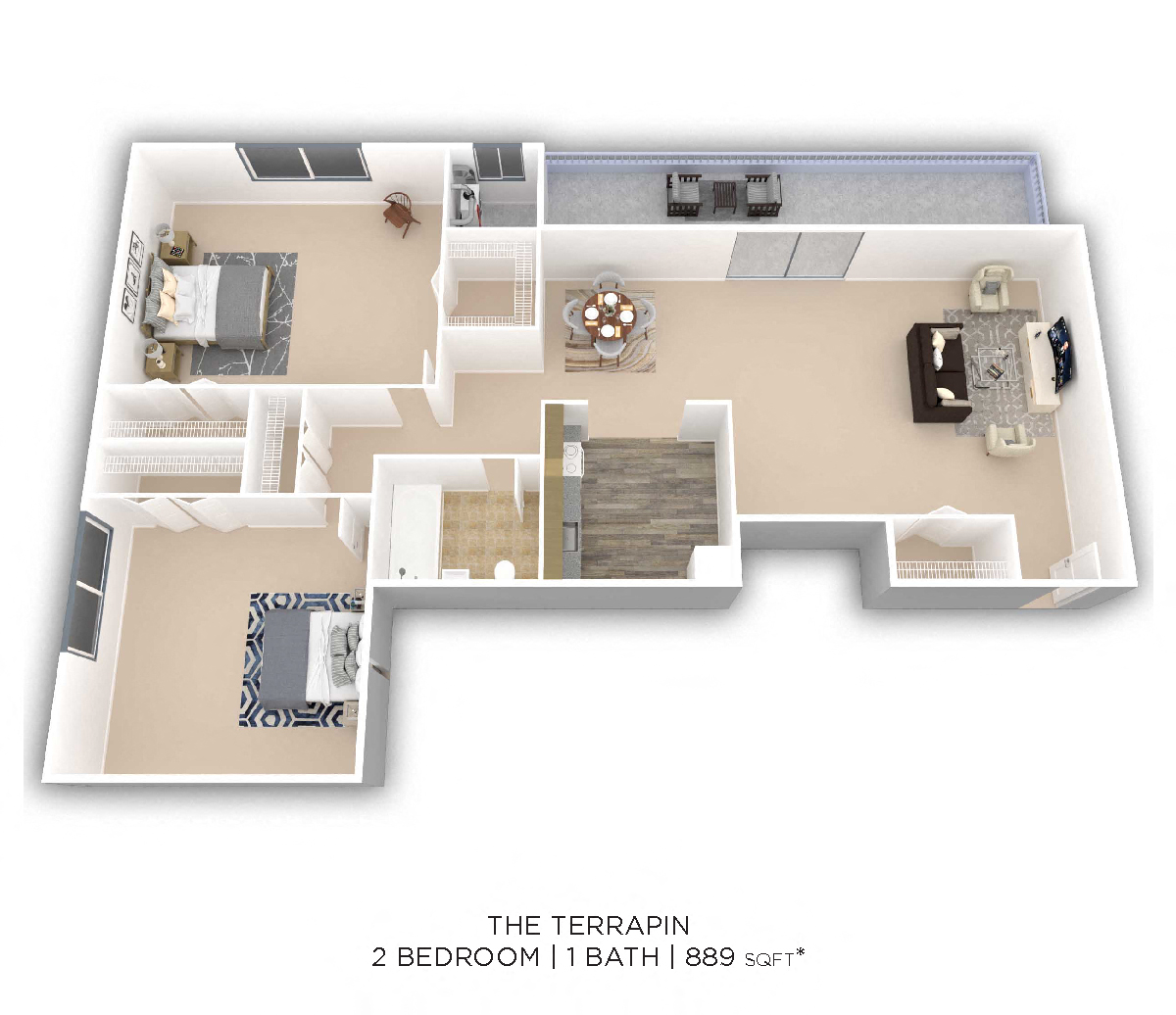 Floor plan for 2 beds, 1 bath, 899 sqft