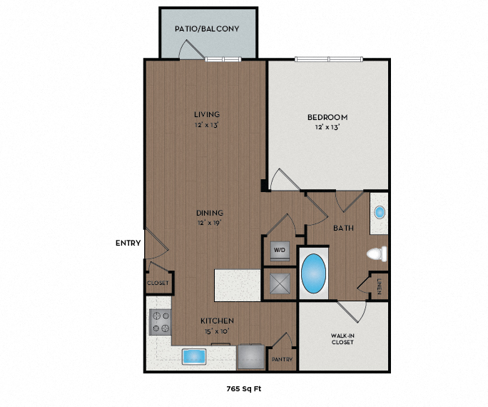 Floor plan for 1 bed, 1 bath, 765 sqft