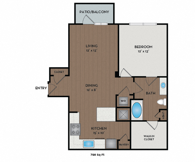 Floor plan for 1 bed, 1 bath, 798 sqft
