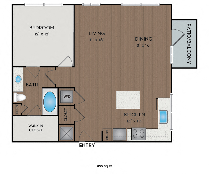 Floor plan for 1 bed, 1 bath, 855 sqft