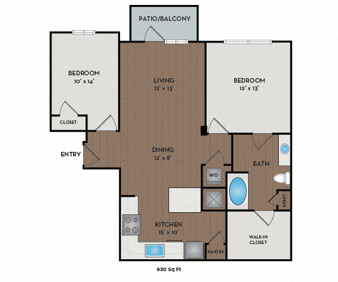 Floor plan for 2 beds, 1 bath, 930 sqft