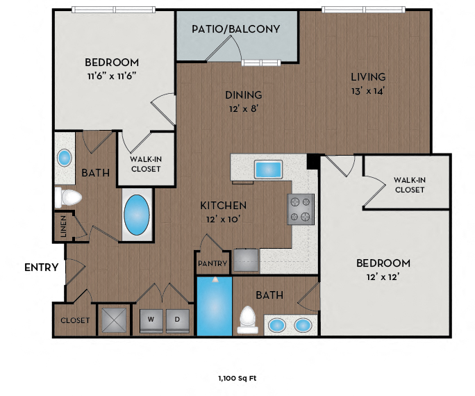 Floor plan for 2 beds, 2 baths, 1100 sqft