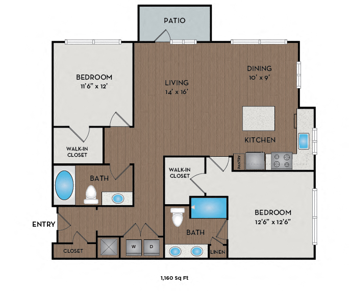 Floor plan for 2 beds, 2 baths, 1160 sqft
