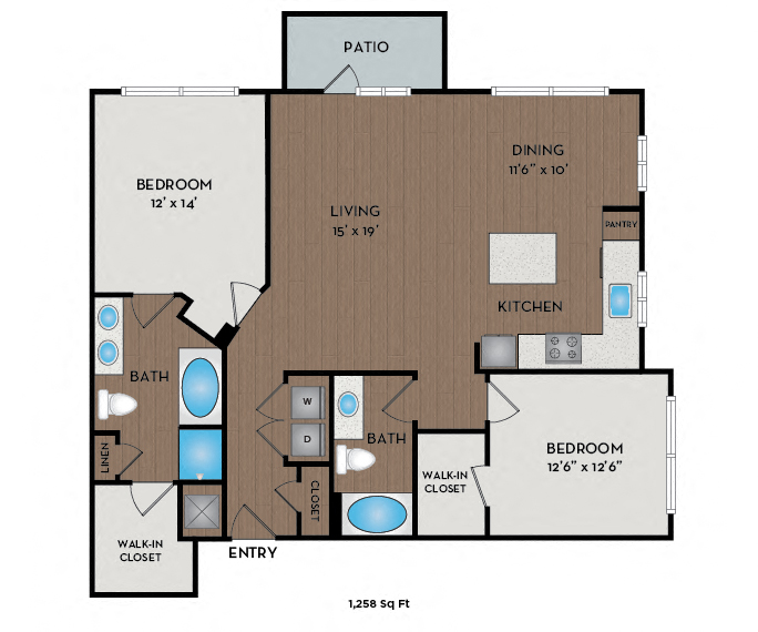 Floor plan for 2 beds, 2 baths, 1258 sqft