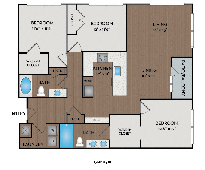 Floor plan for 3 beds, 2 baths, 1440 sqft