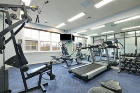 Gardner apartment for rent - A gym with a variety of equipment including a treadmill, weights, and a bench.