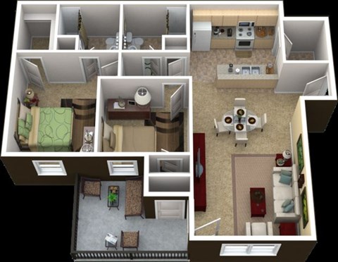 Floor plan for 2 beds, 2 baths, 1019 sqft