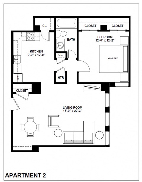 Floor plan for 1 bed, 1 bath, 755 sqft
