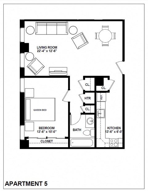 Floor plan for 1 bed, 1 bath, 641 sqft