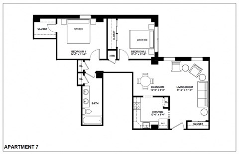Floor plan for 2 beds, 1 bath, 917 sqft