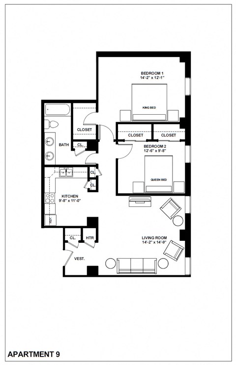 Floor plan for 2 beds, 1 bath, 938 sqft