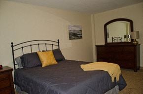 Topeka apartment for rent - a bedroom with a bed and a dresser and a mirror