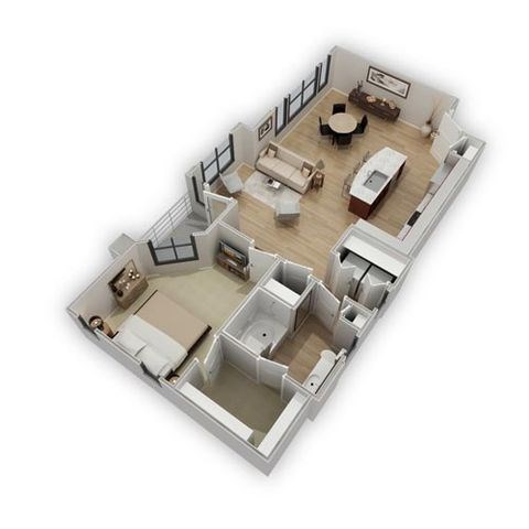Floor plan for 1 bed, 1 bath, 877 sqft