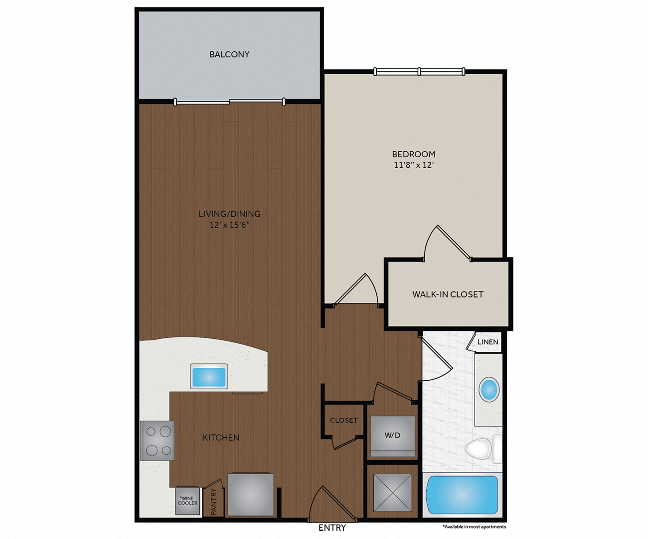 Floor plan for 1 bed, 1 bath, 725 sqft
