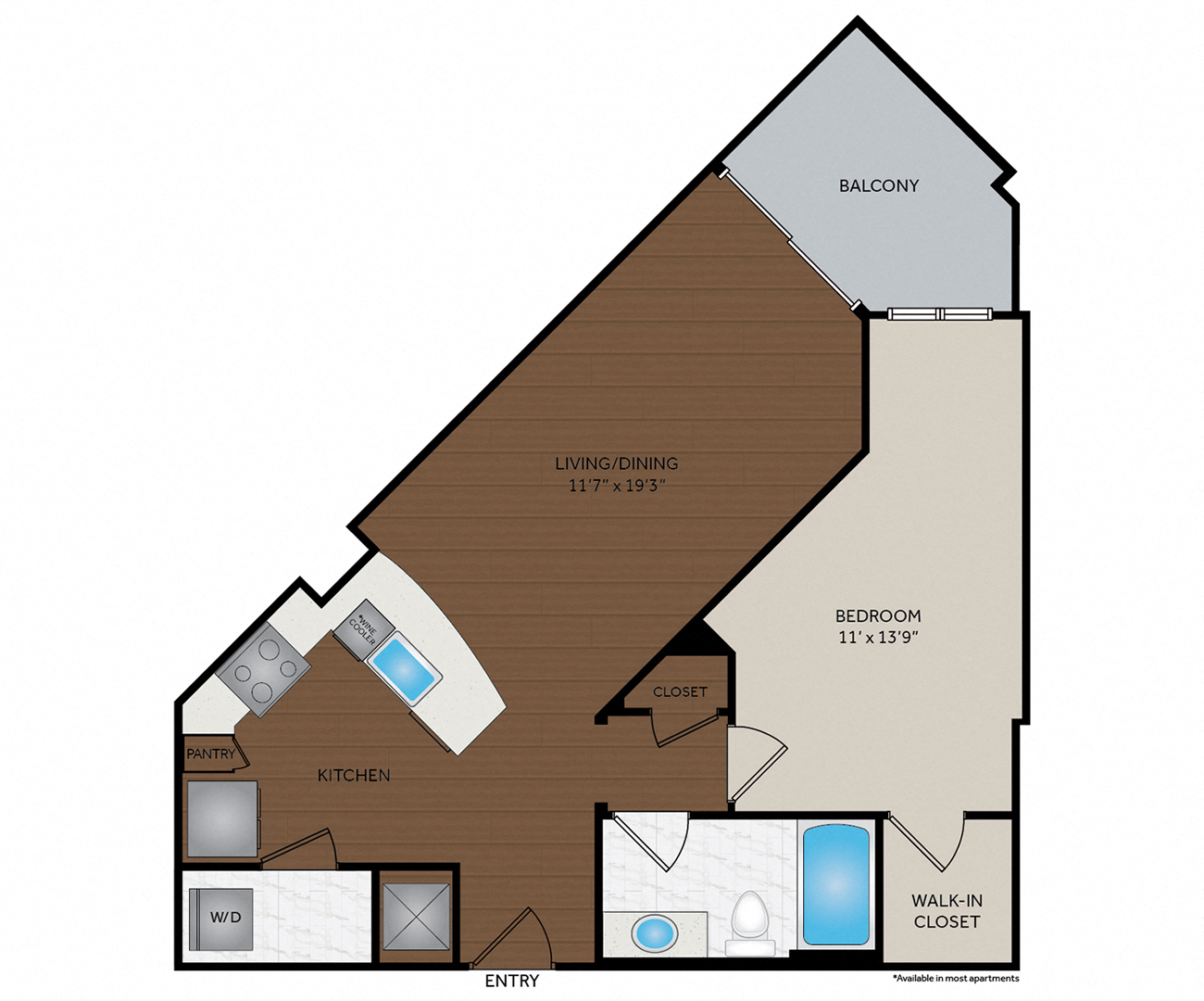 Floor plan for 1 bed, 1 bath, 774 sqft