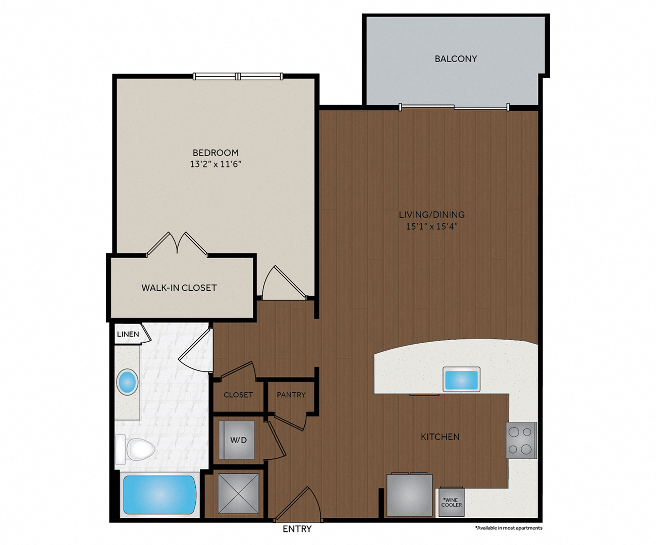 Floor plan for 1 bed, 1 bath, 858 sqft