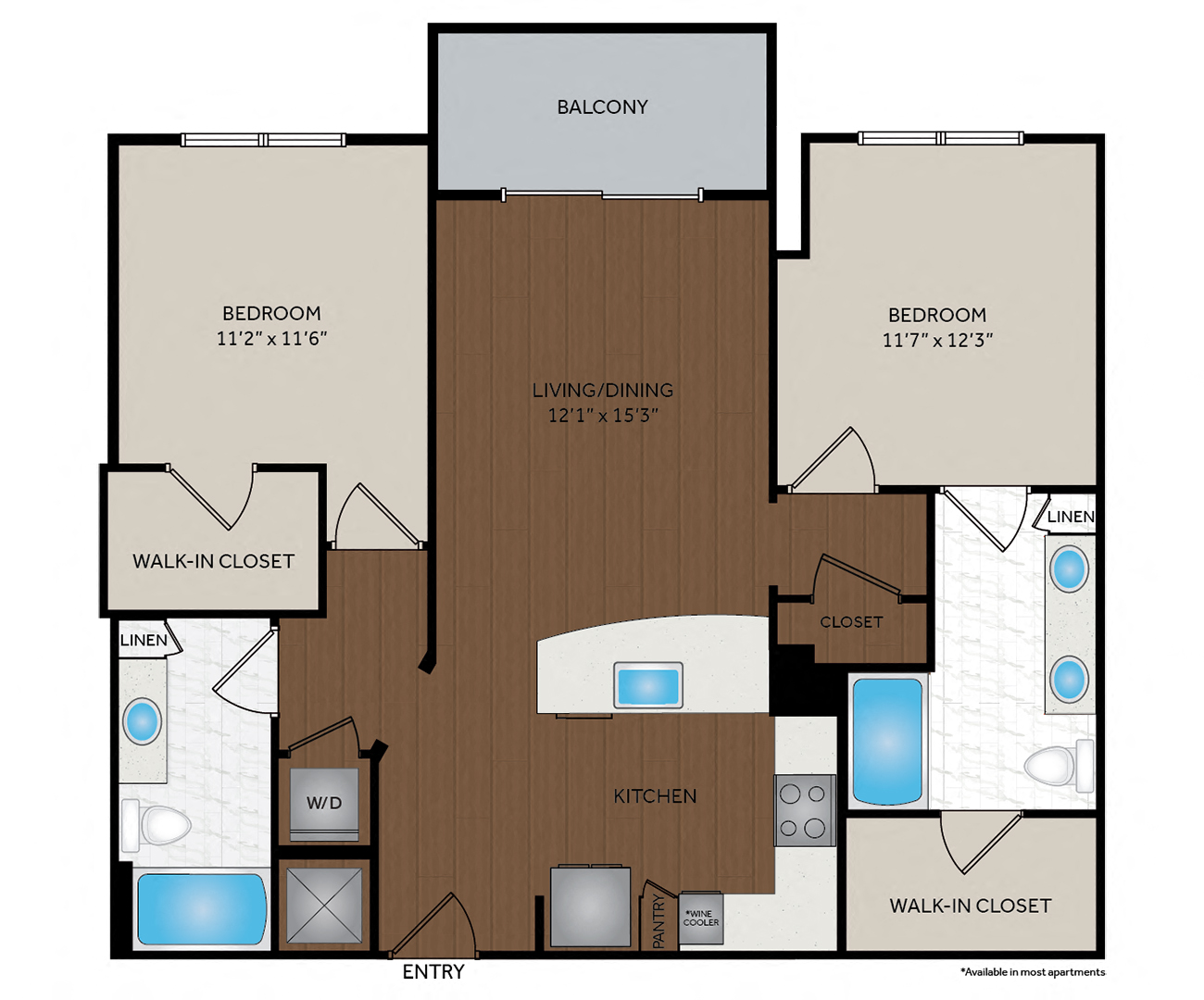 Floor plan for 2 beds, 2 baths, 1072 sqft