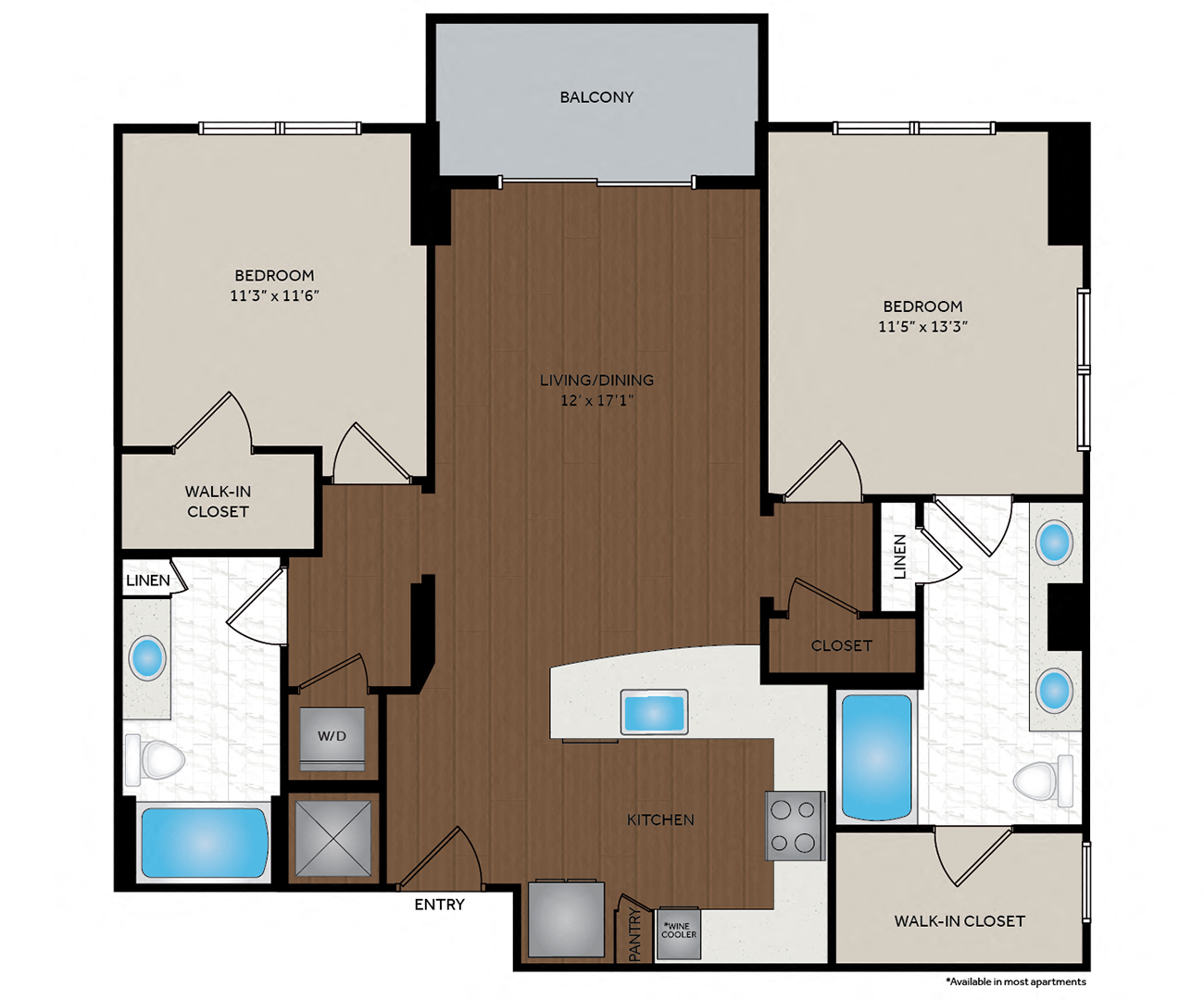 Floor plan for 2 beds, 2 baths, 1076 sqft