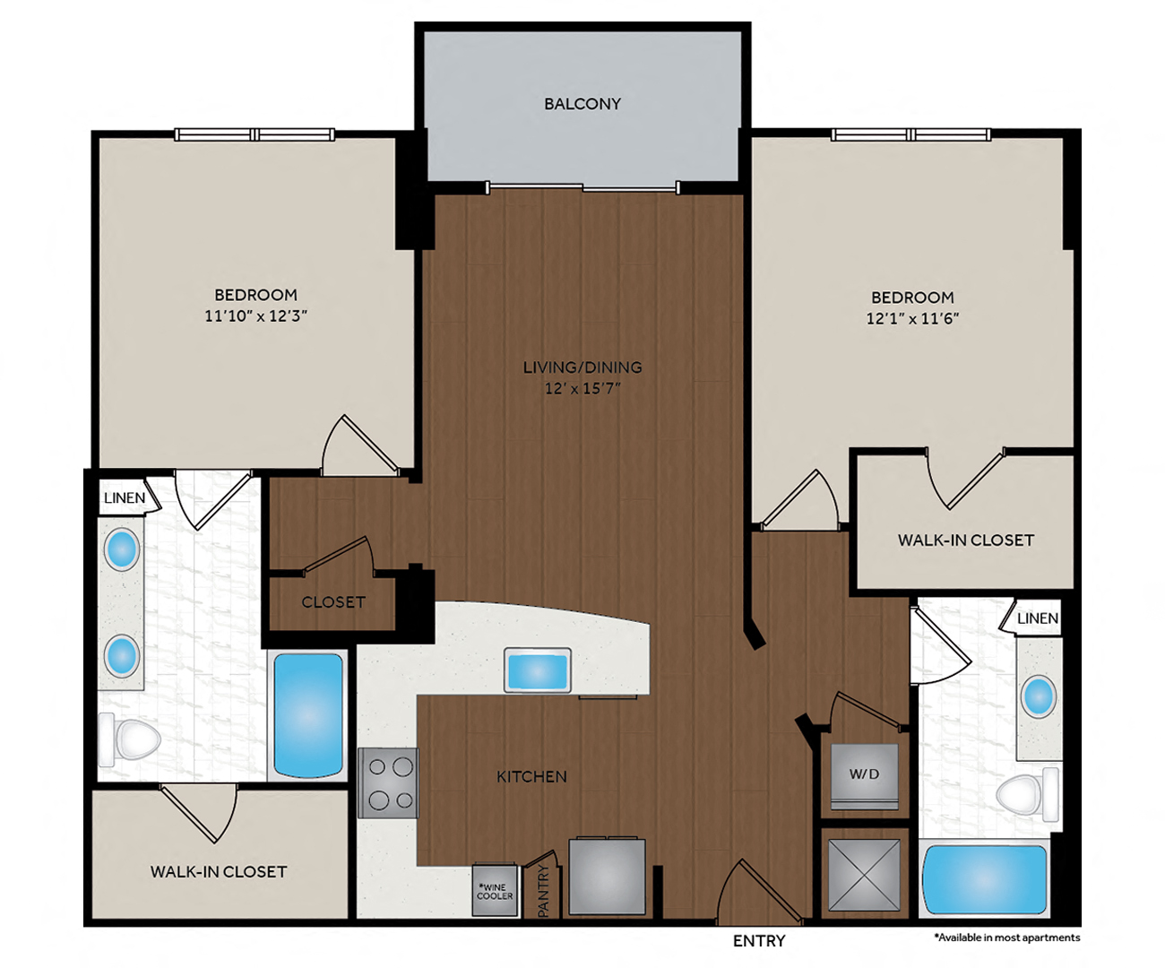 Floor plan for 2 beds, 2 baths, 1096 sqft