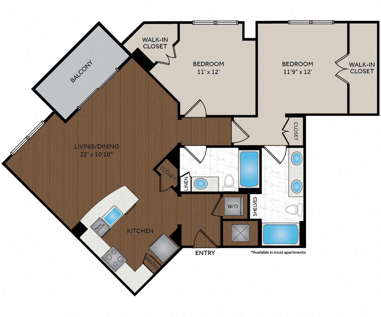 Floor plan for 2 beds, 2 baths, 1113 sqft
