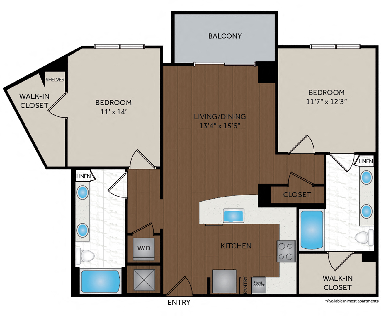 Floor plan for 2 beds, 2 baths, 1143 sqft