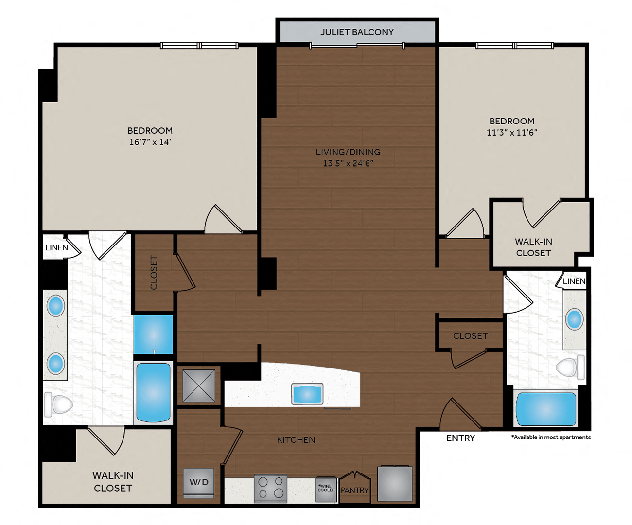 Floor plan for 2 beds, 2 baths, 1351 sqft