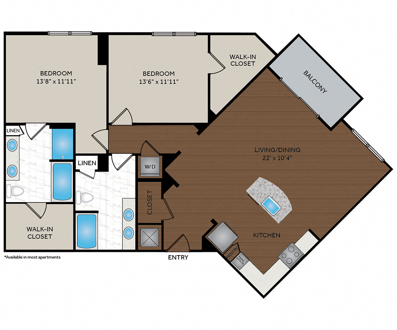 Floor plan for 2 beds, 2 baths, 1375 sqft