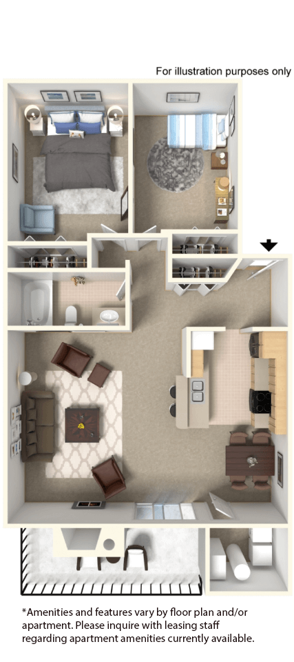 Floor plan for 2 beds, 1 bath, 960 sqft