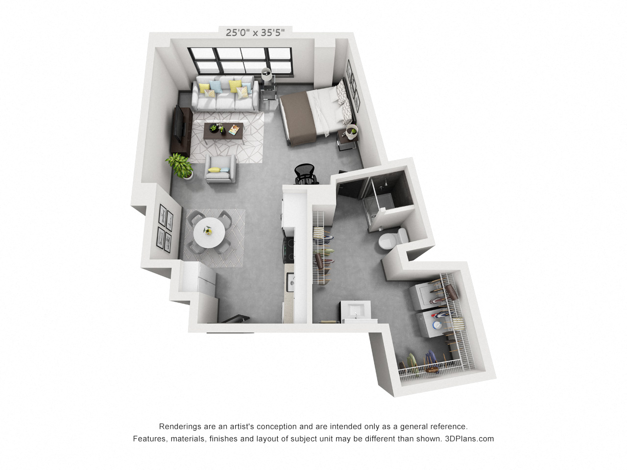 Floor plan for studio, 1 bath, 606 sqft