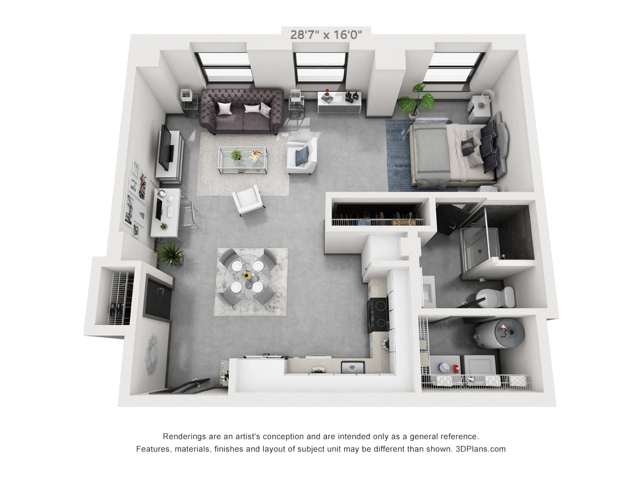 Floor plan for 1 bed, 1 bath, 750 sqft