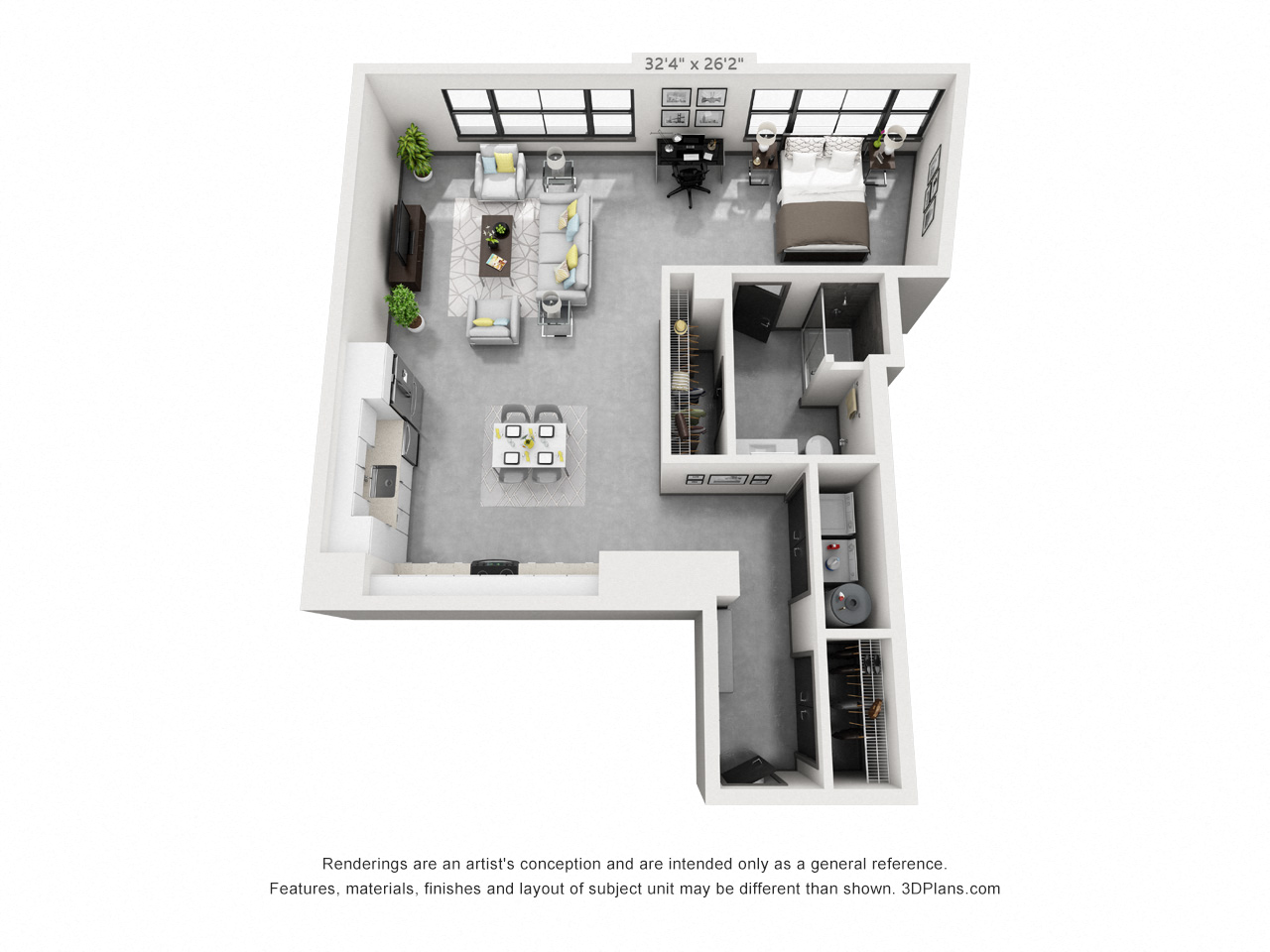Floor plan for 1 bed, 1 bath, 997 sqft