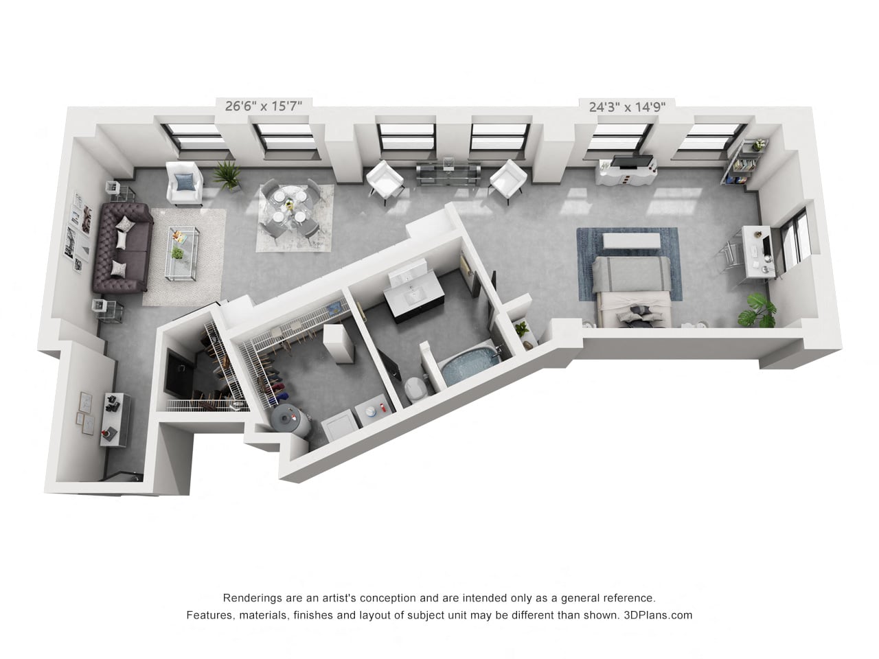 Floor plan for 1 bed, 1 bath, 1055 sqft