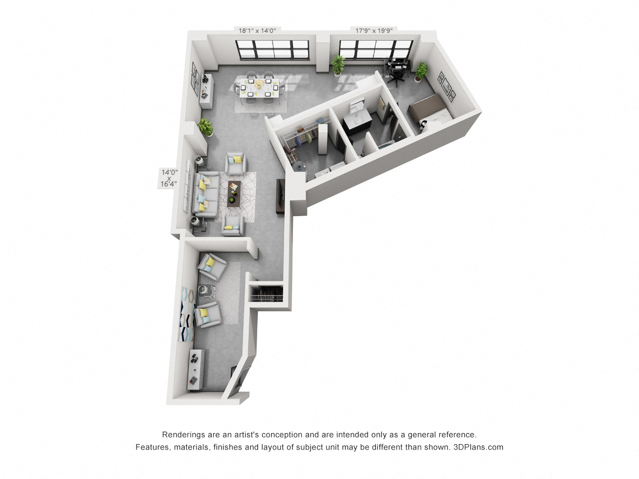 Floor plan for 1 bed, 1 bath, 1161 sqft
