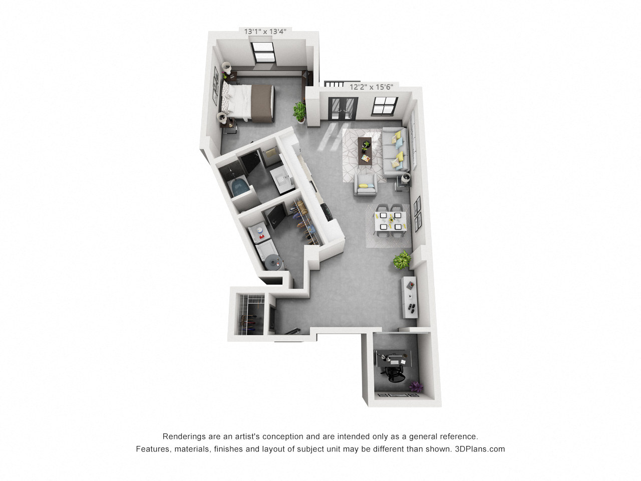 Floor plan for 1 bed, 1 bath, 1198 sqft