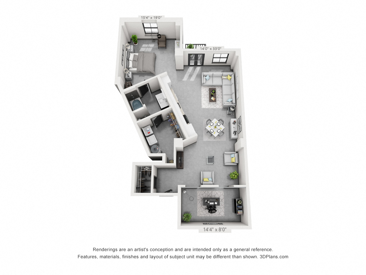 Floor plan for 1 bed, 1 bath, 1205 sqft