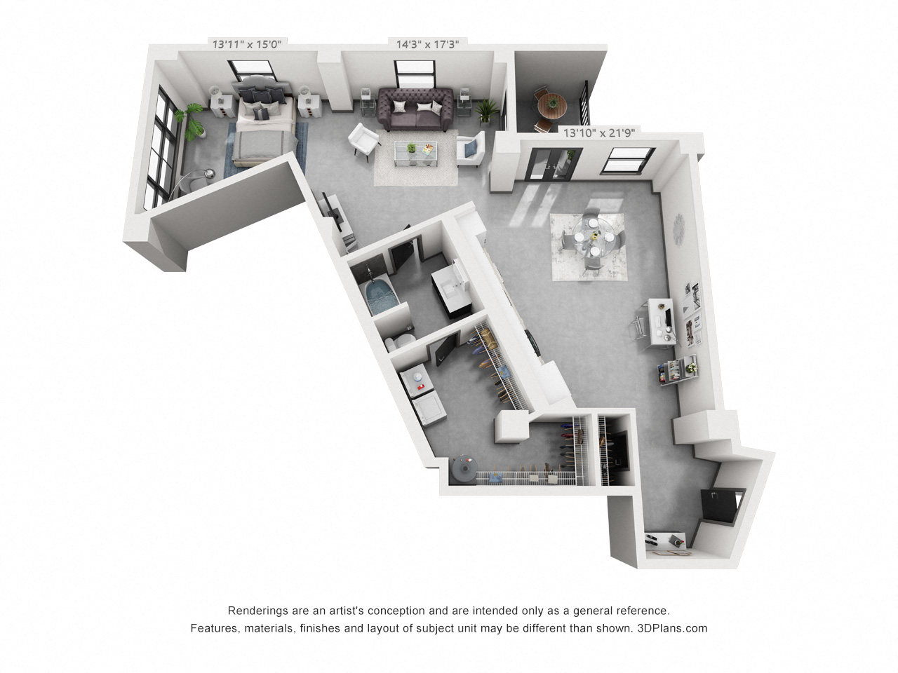 Floor plan for 1 bed, 1 bath, 1234 sqft