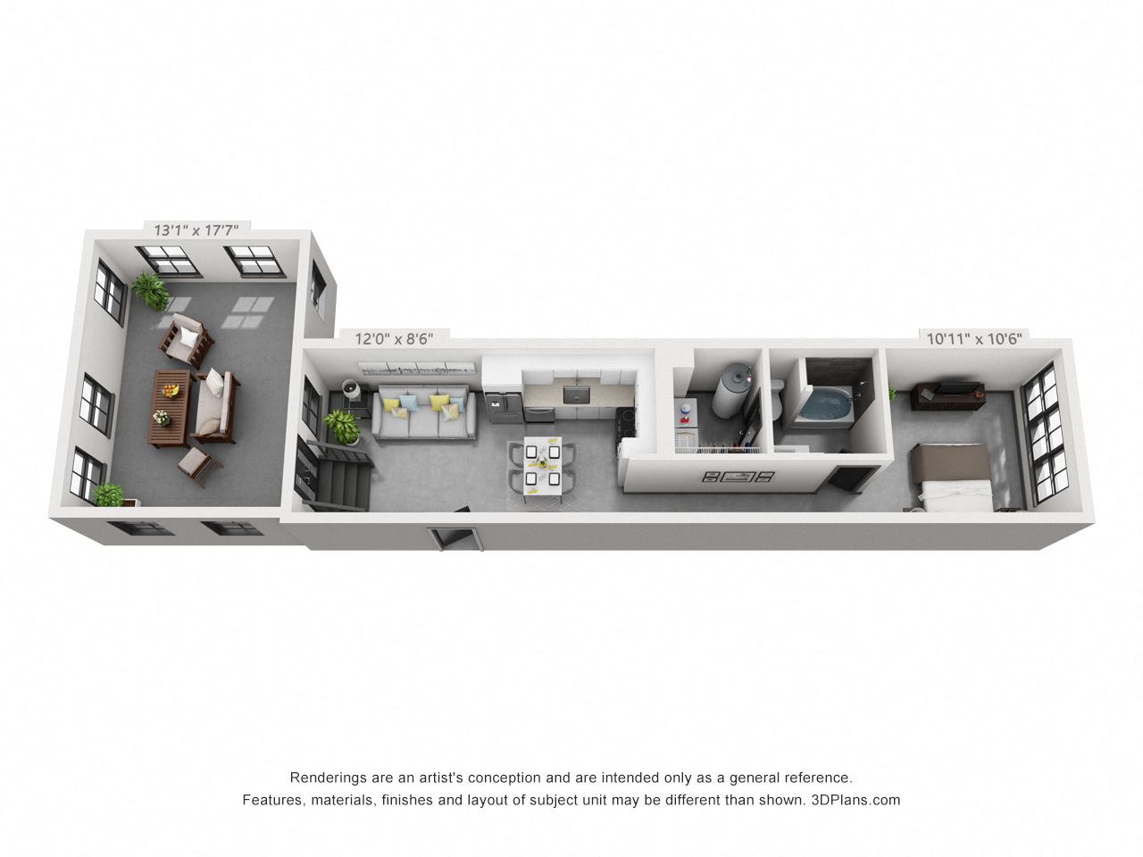 Floor plan for 1 bed, 1 bath, 778 sqft
