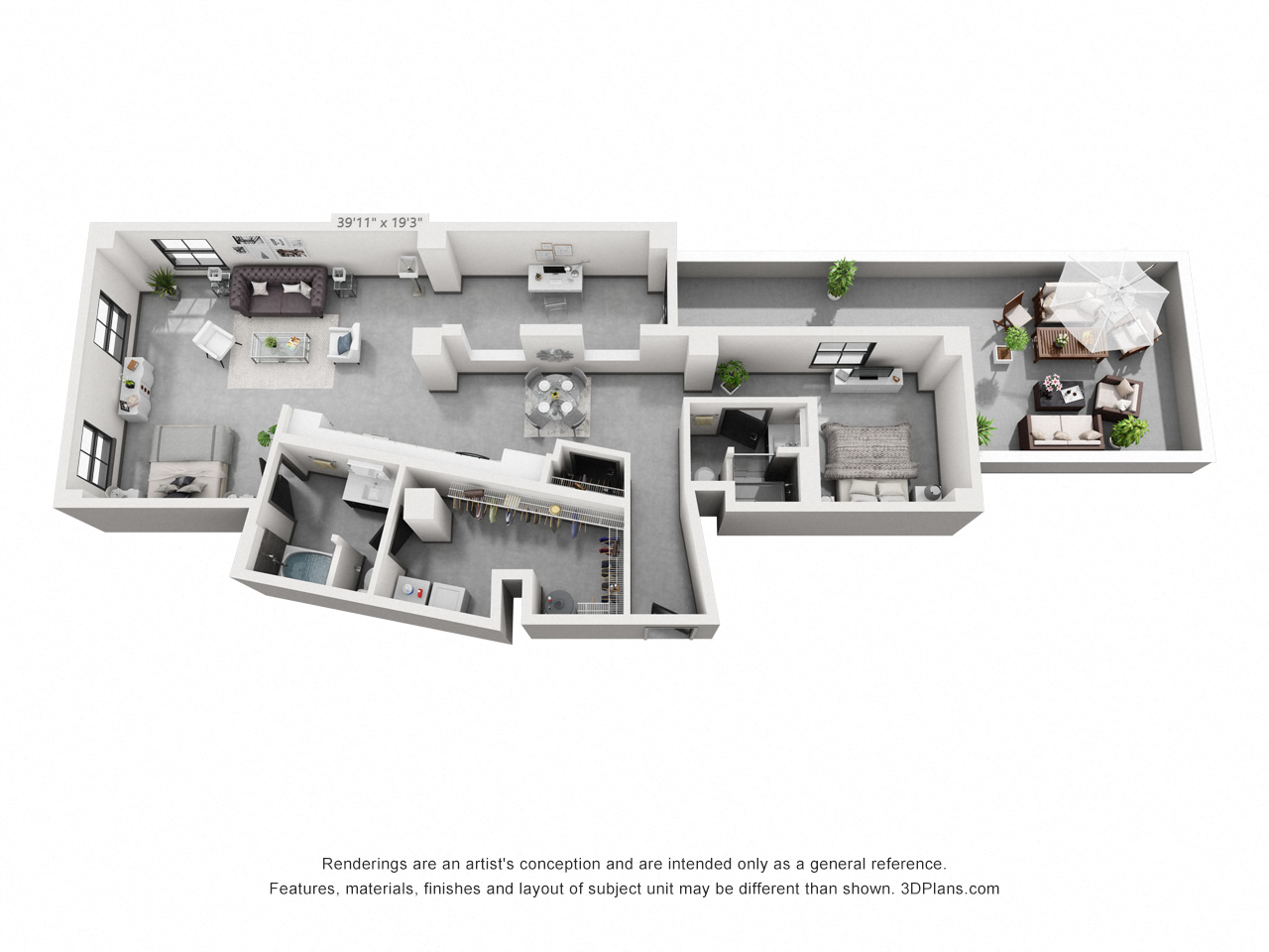 Floor plan for 1 bed, 2 baths, 1321 sqft