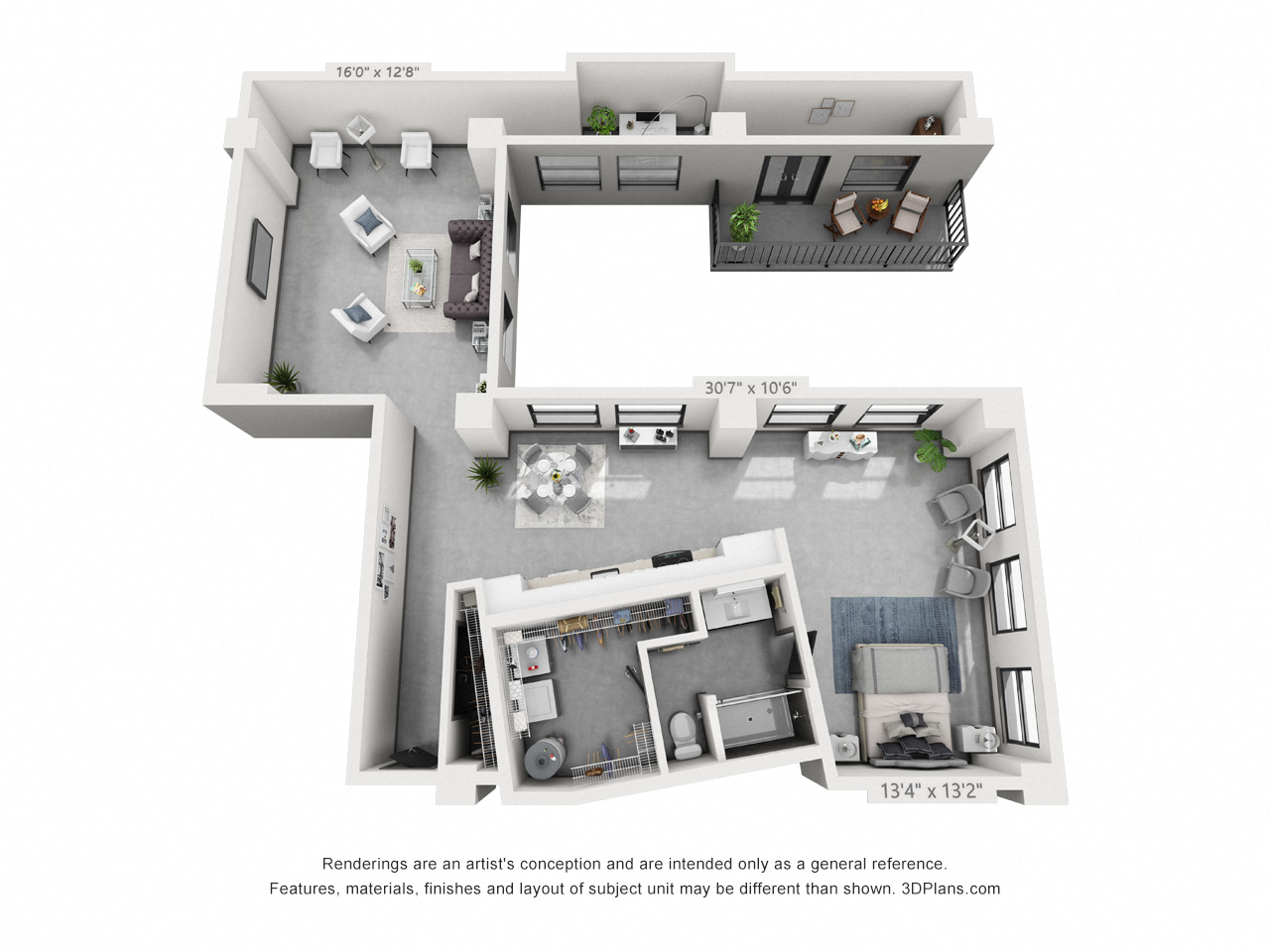 Floor plan for 1 bed, 1 bath, 1330 sqft