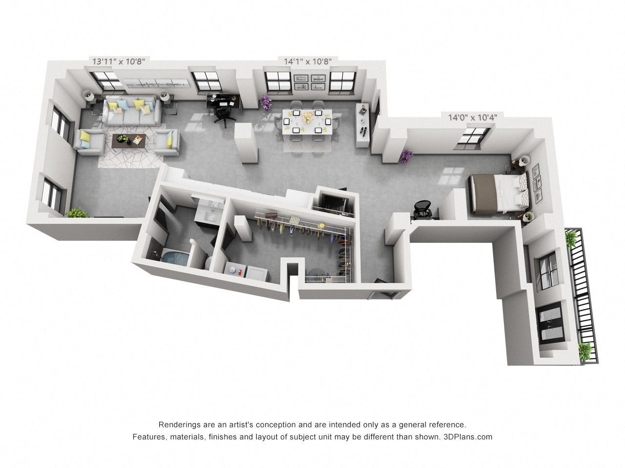 Floor plan for 1 bed, 1 bath, 1392 sqft