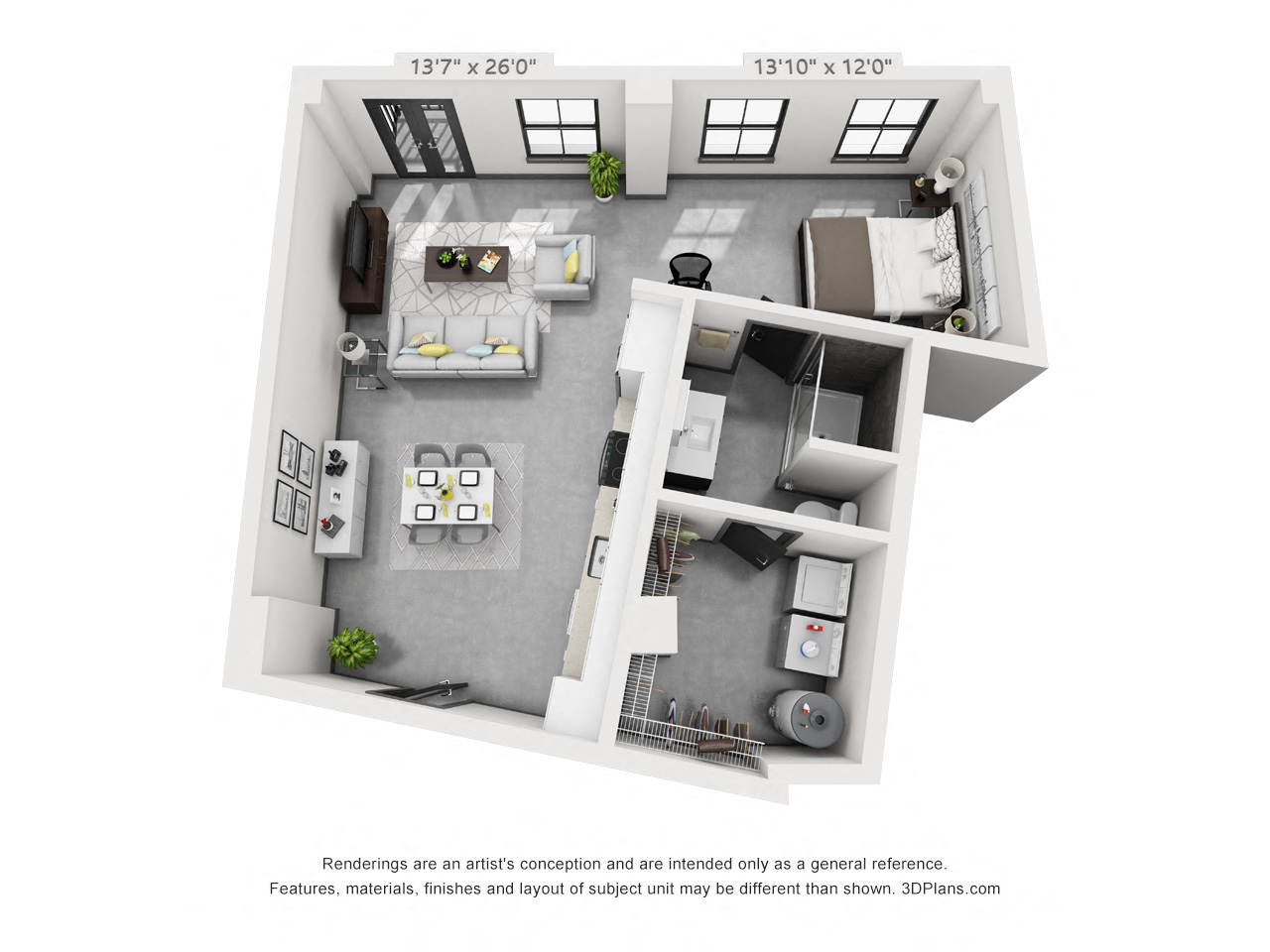 Floor plan for 1 bed, 1 bath, 788 sqft