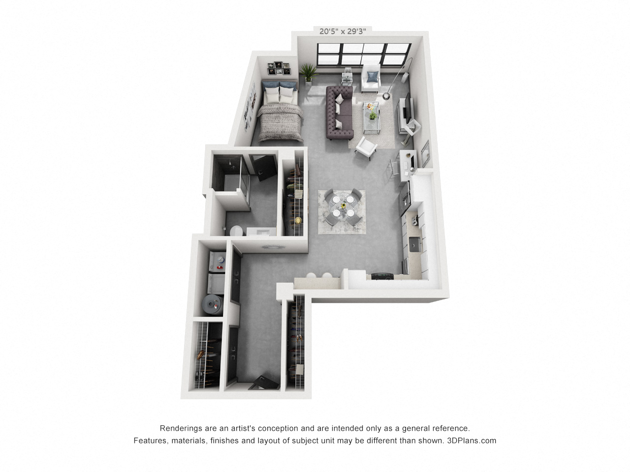 Floor plan for 1 bed, 1 bath, 874 sqft