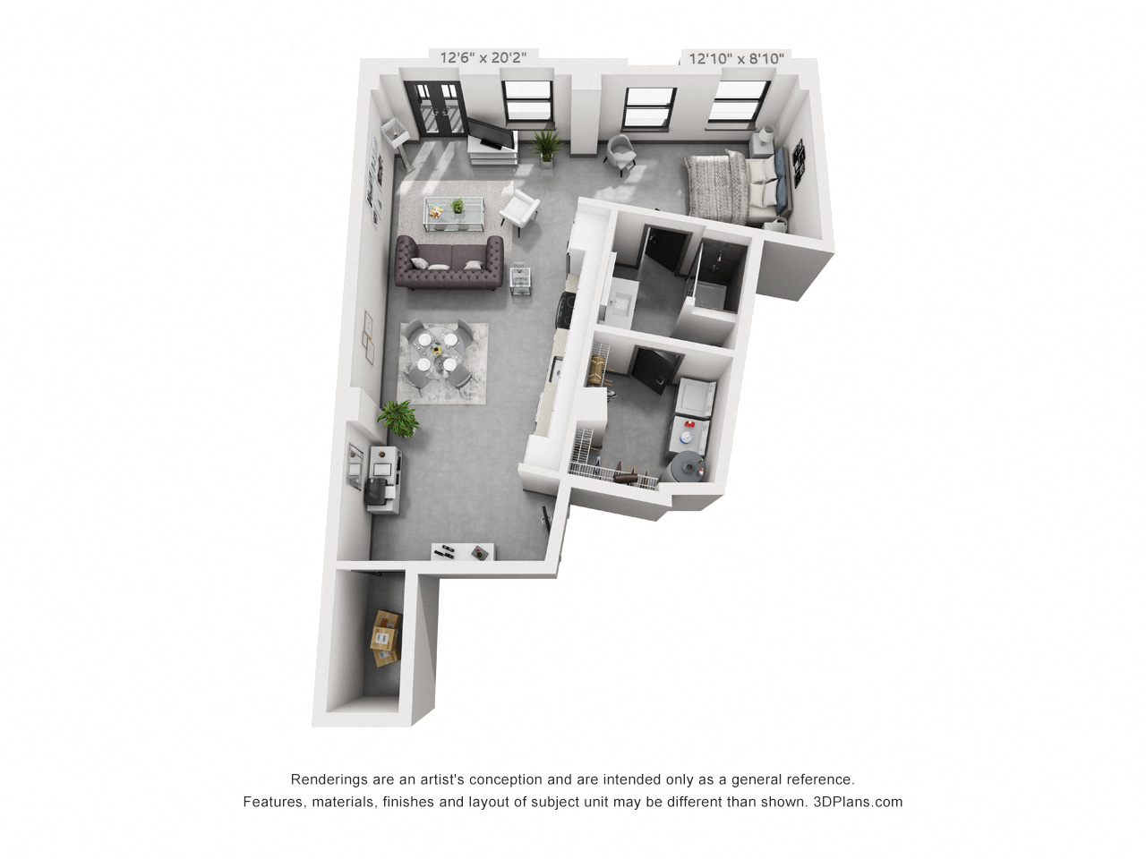 Floor plan for 1 bed, 1 bath, 913 sqft