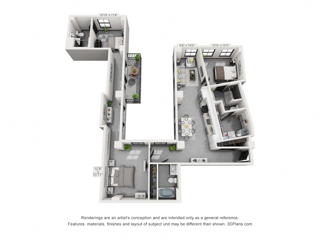 Floor plan for 2 beds, 3 baths, 1568 sqft