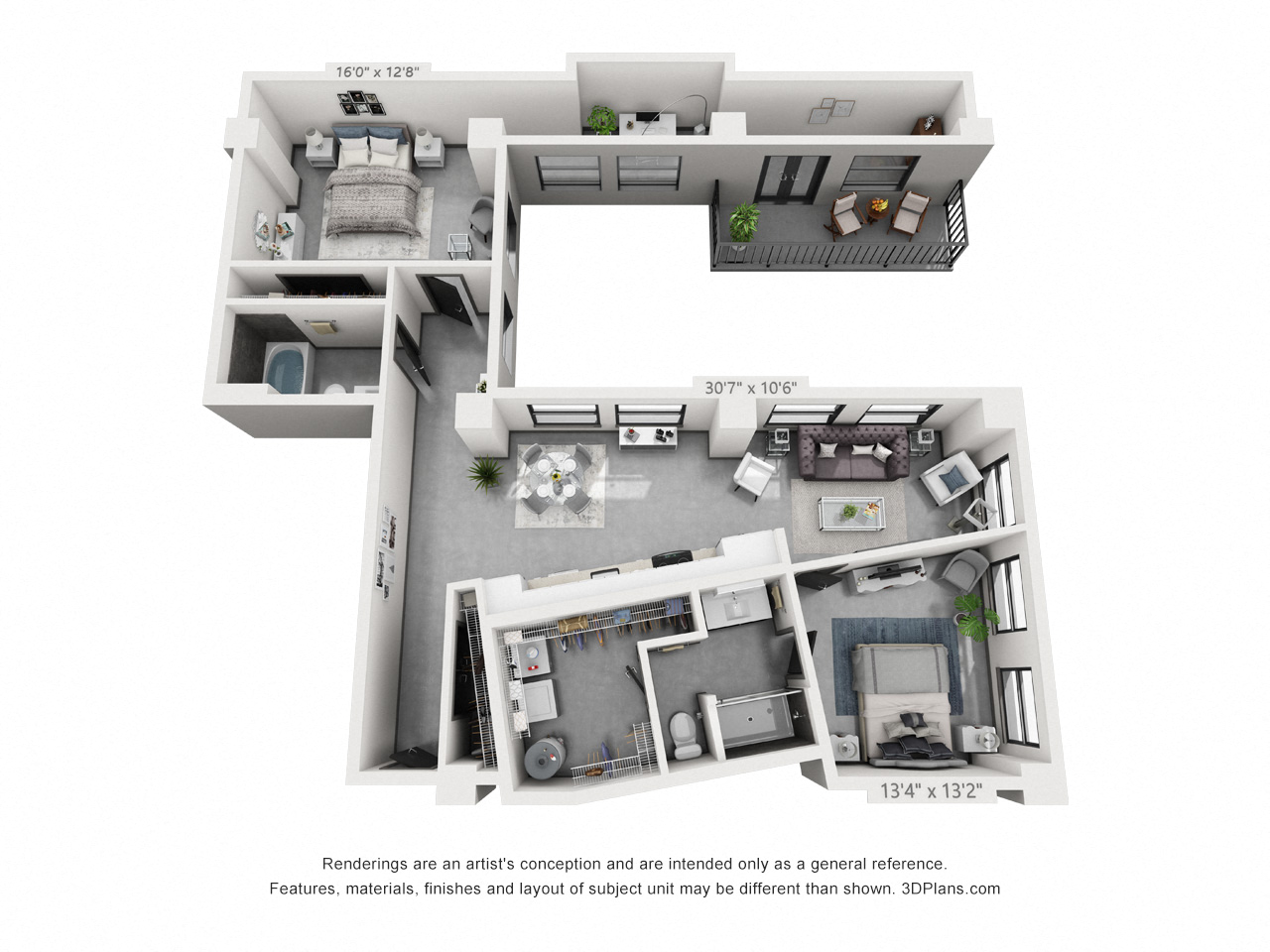 Floor plan for 2 beds, 2 baths, 1330 sqft