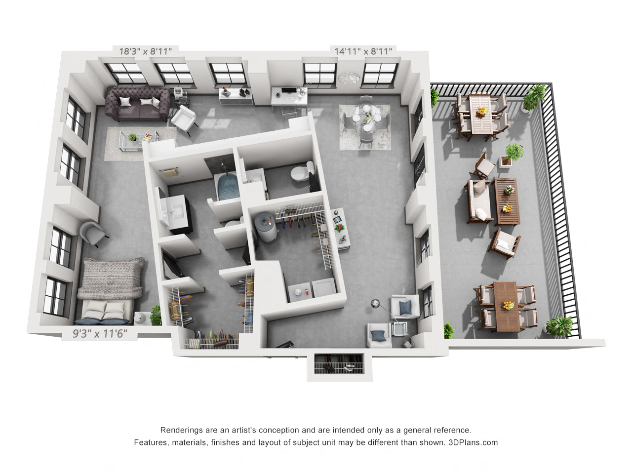 Floor plan for 1 bed, 1.5 baths, 1353 sqft