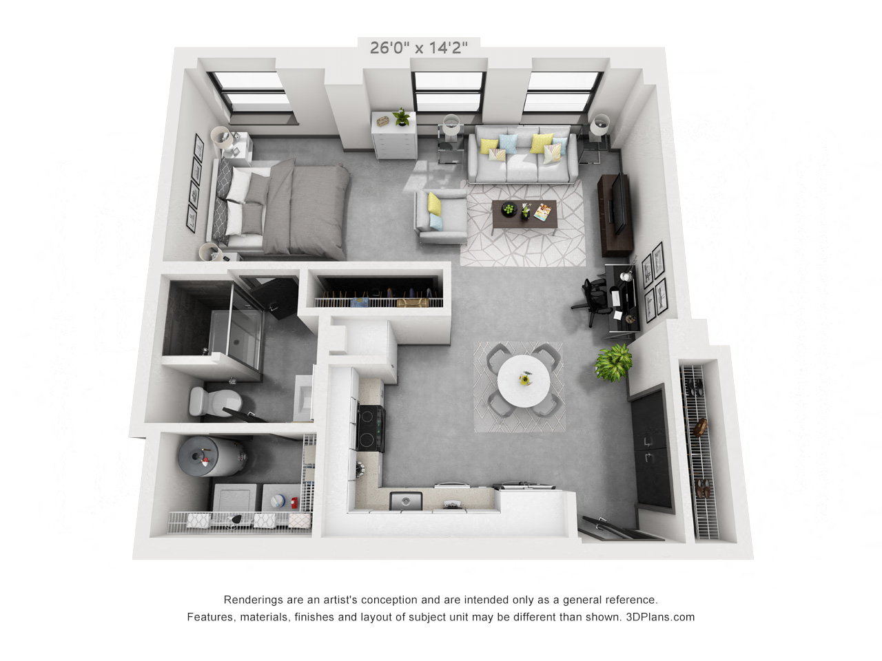 Floor plan for studio, 1 bath, 703 sqft