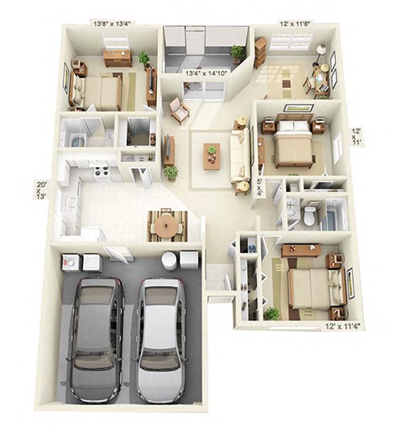 Floor plan for 3 beds, 2 baths, 1400 sqft