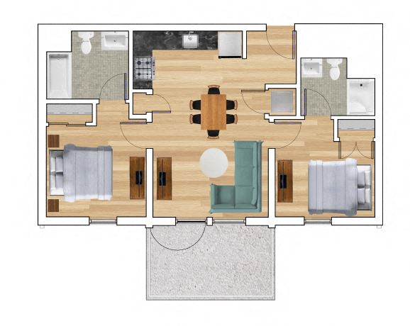 Floor plan for 2 beds, 2 baths, 756 sqft